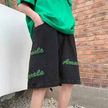 Апликация с готически букви, корейски летни дънкови шорти Y2k, ежедневни Свободна реколта корейски дрехи, широки преки, къси панталони с висока талия