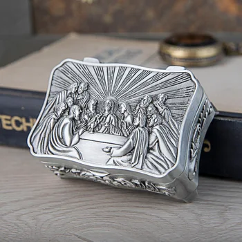 Новост 2019, метален ковчег с малък размер, тема на Тайната вечеря, на християнската кутия за съхранение на дребни украшения, съкровище на Исус