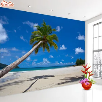 Модерен пясъчен плаж, Палмово дърво, тапети с пайети, Самозалепващи се тапети за хола, Подобрения в дома, Морска стенопис в ролка