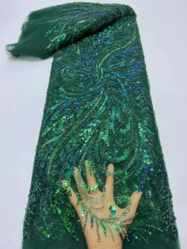 Зелена френска лейси плат, ръчно изработени с пайети и перли, тюл, благородна нигерийская Луксозна Лейси Плат с мъниста за сватбени ежедневни рокли